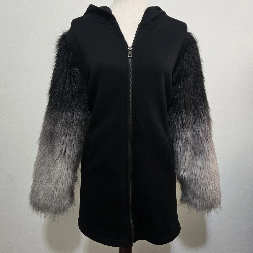 ZARA Black Zippered Hoodie Sweater Black Gray Ombre Faux Fur Sleeves Medium - Picture 5 of 15